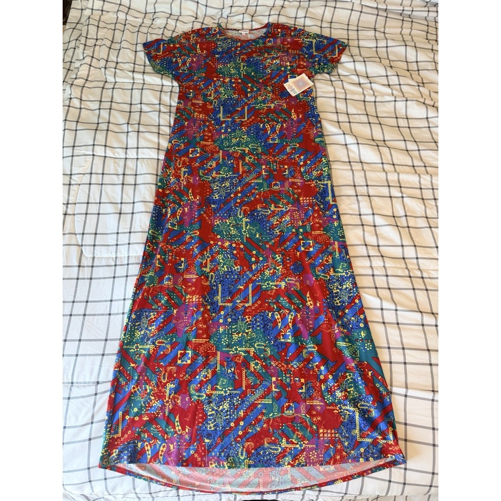 NWT Lularoe Dress L Maria Maxi Long Geometric Pattern, Red Blue Green Golden
